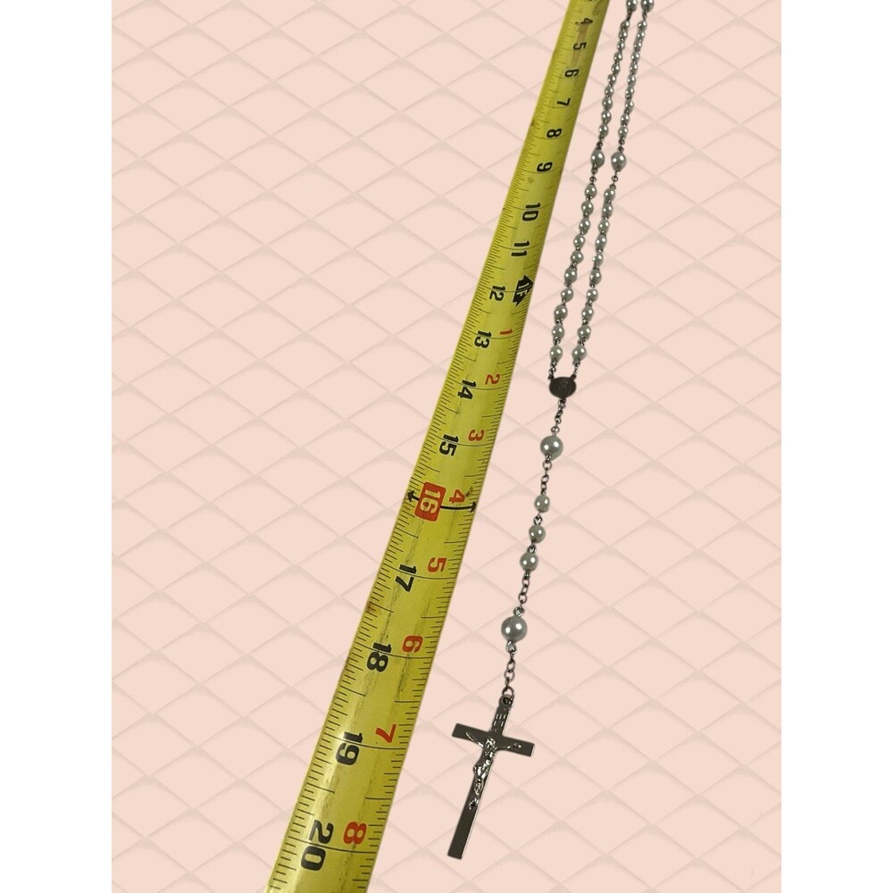 Vintage Inri Rosary Featuring Pearlized White Glass Beads & Metal Centerpiece